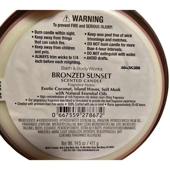 Bath and Body Works - Bronzed Sunset 3-Wick Scented Candle 14.5 Oz - Picture 4 of 4
